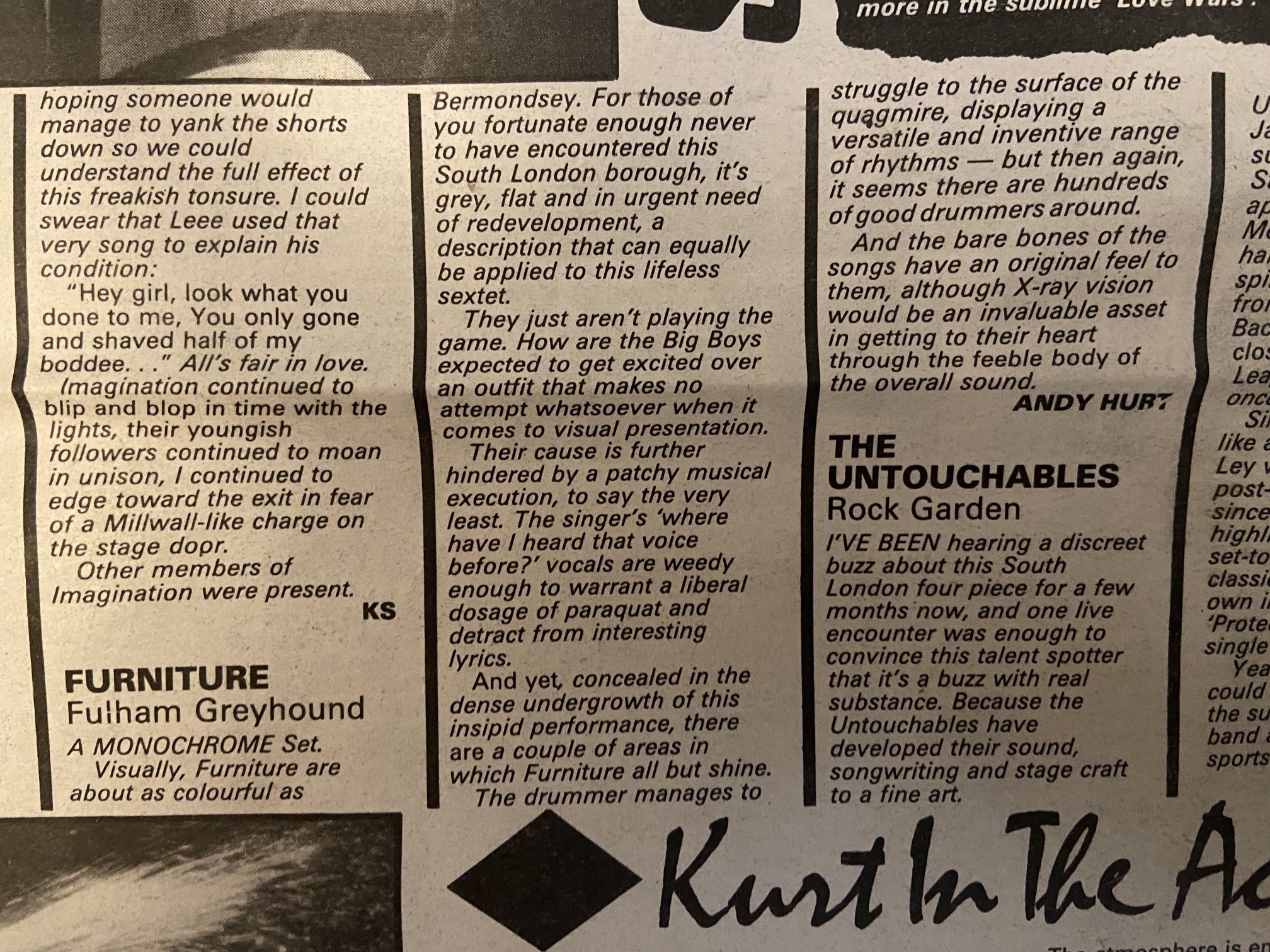 Press cutting: Publication and date not identified — Furniture live at Fulham Greyhound