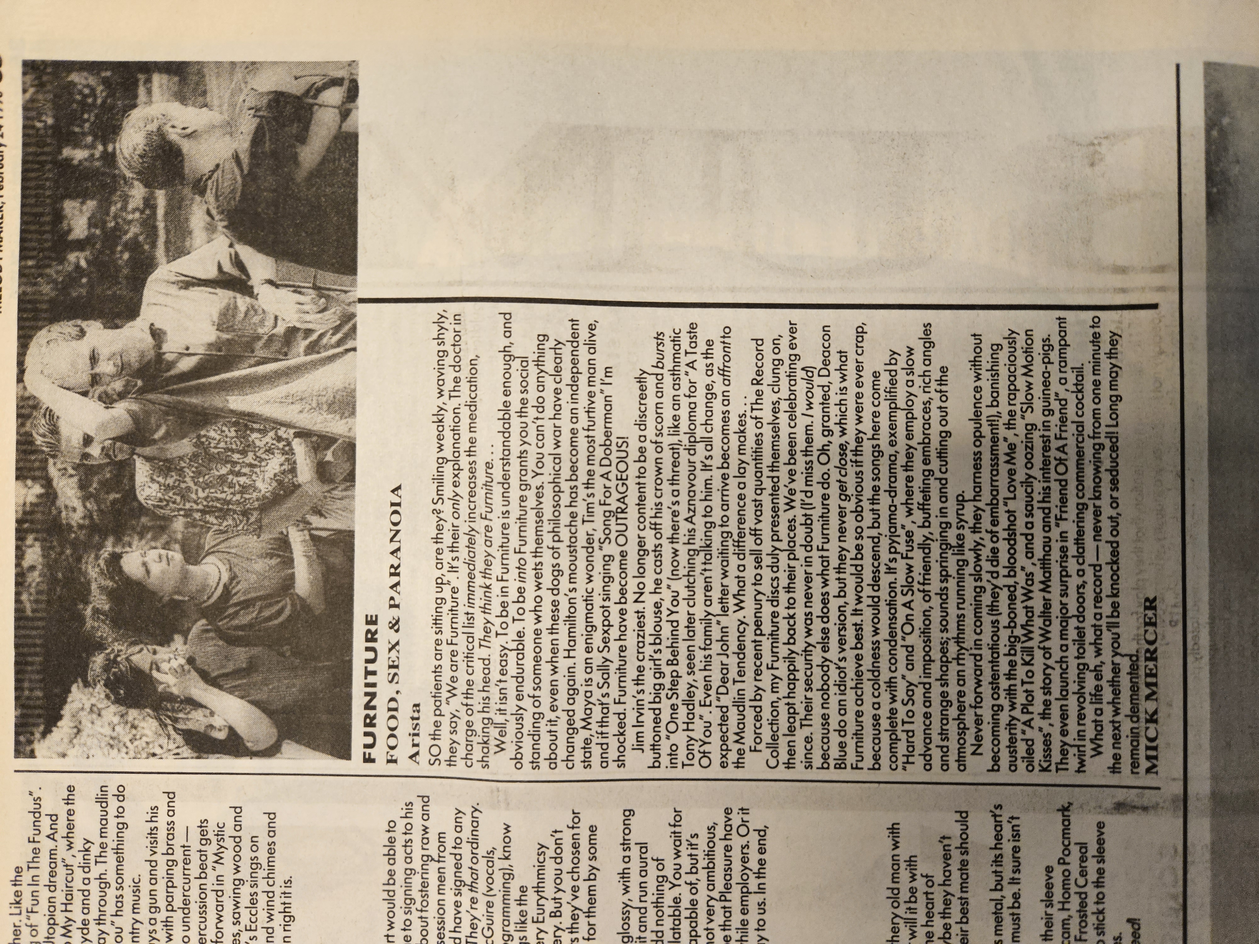 Press cutting: Melody Maker — Furniture — Food, Sex & Paranoia album review