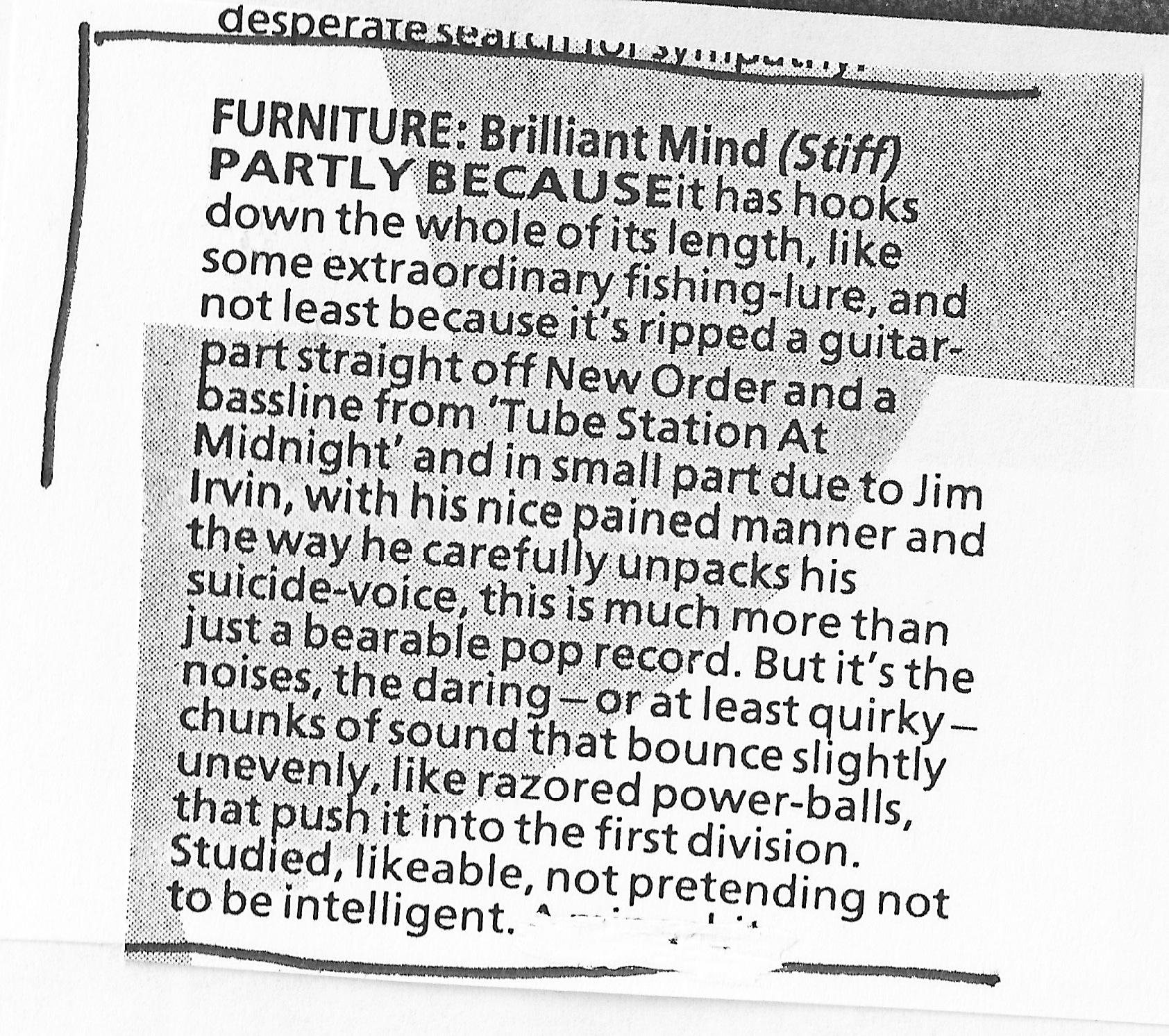 Press cutting: NME — Furniture — Brilliant Mind single review