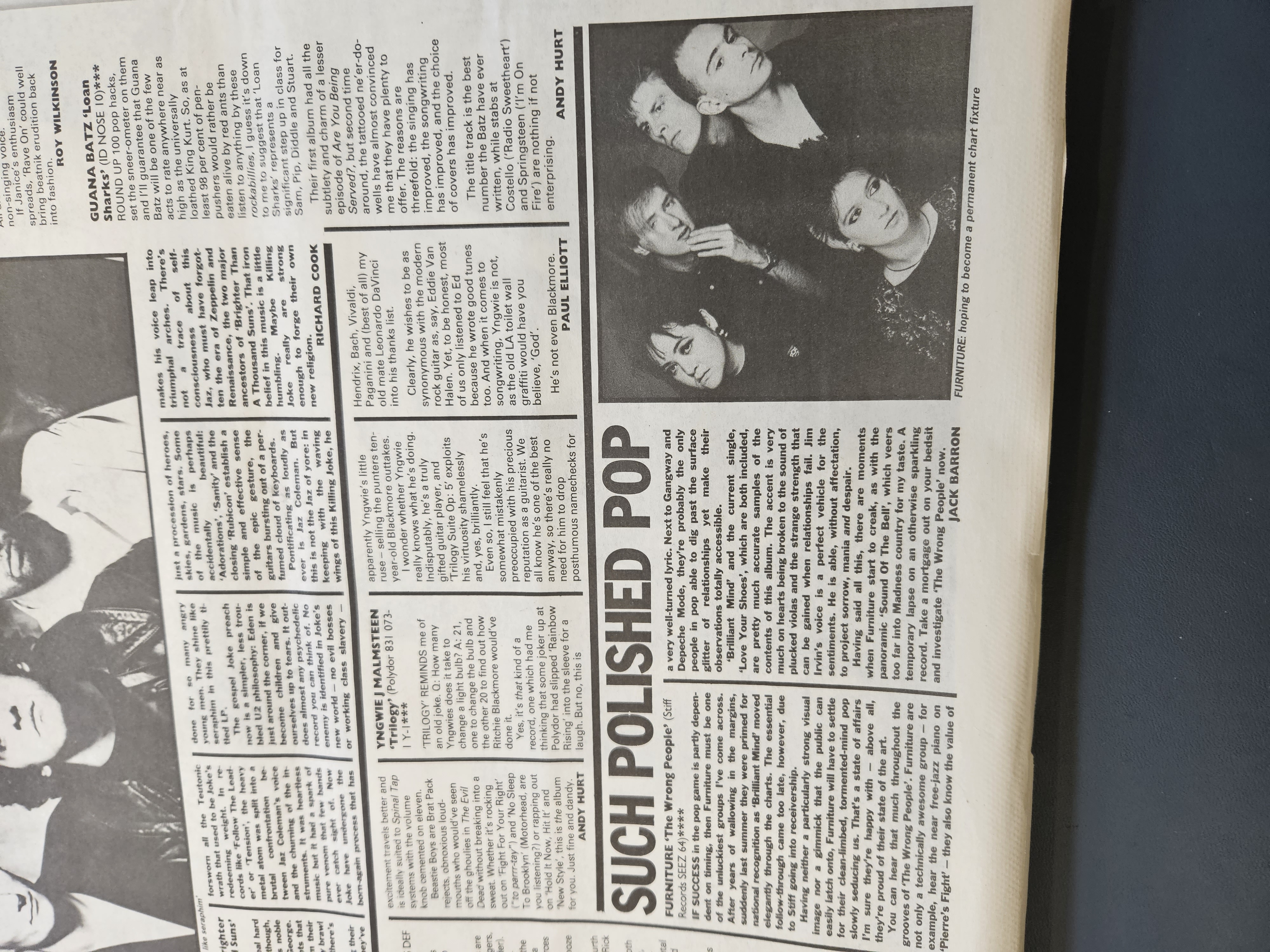 Press cutting: Sounds — Furniture — The Wrong People album review